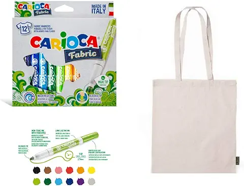 12 Rotuladores para tela Marcadores Textiles Permanente Punta Gruesa Incluye Bolsa tela Algodón para Pintar Reutilizable Ecológica Carioca Fabric Manualidades Colegios, Primera Comunión Fiestas  