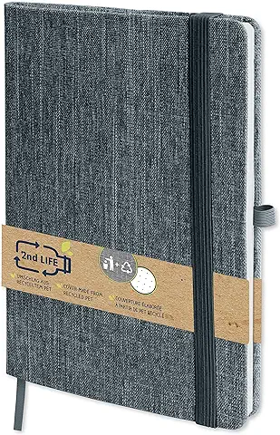 2nd LIFE Bullet Journal Negro | DIN A5 | 192 Páginas Interiores con Puntadas | Cuaderno de PET Reciclado, para Notas y Bocetos | Banda Elástica, lazo para Bolígrafo, Bolsillo Plegable  