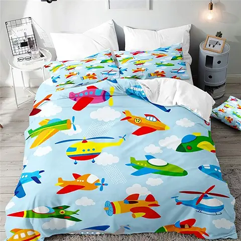 3D Juego de Ropa de Cama, Treer 3 Piezas Microfibra Anti Decoloración Nórdica Juegos de Funda de Edredón Estampada Funda de Almohada (Cama 135/140-180x220cm,aeronave)  