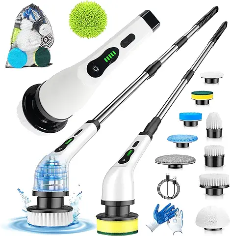 4Family Club - Cepillo Eléctrico Limpieza Hogar, Cepillo Limpeza Hogar 9 En1+Guantes+Bolsa Accesorios+Mopa Microfibra,Fregona Eléctrica, Limpieza Ducha Baño Cocina Coche, Extensible, 2 Velocidades  