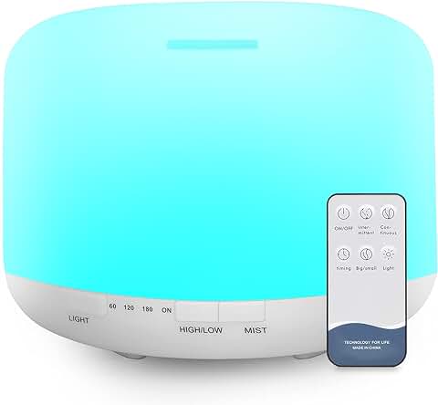 500 ml Difusor de Aceites Esenciales, sin BPA Humidificador Ultrasónico con Mando a Distancia y 7 Diferentes Luces Cambiantes - Apagado Automático sin Agua  