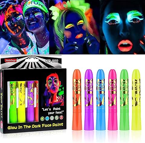 6 Ceras Luminosas para Pintura Facial, UV Fluorescente, Lavable, no Tóxico, Neón, para cara y Cuerpo, kit de Crayones para Halloween, Mardi Gras, Fiesta de Disfraces  