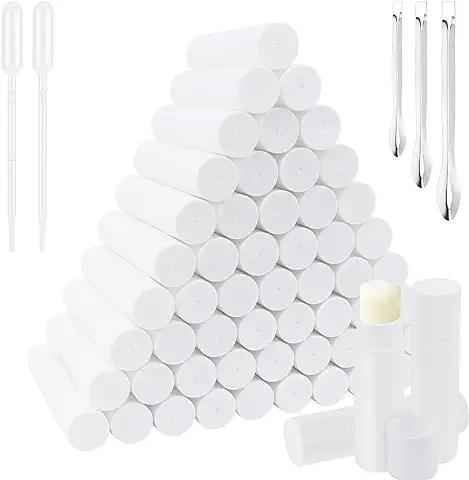 60Pcs Envases Labiales Vacios, Bote Balsamo Labial, Tubo de Lápiz Labial Blanco Envases para Labiales Vacios con Tapa, Envases para Balsamo Labial, para DIY Bálsamo Labial(Con Cuchara y Cuentagotas)  