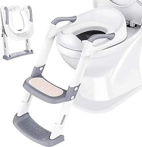 Adaptador WC Niños con Escalera: Bebe Plegable Portatil Infantil Asiento Inodoro con Escalón Ancho Antideslizante-Bebés Orinales Asientopara 1-10 Niños con Escalera Reductor & Cojín Suave | Blanco  