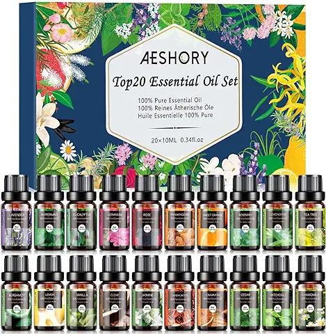 AESHORY Aceites Esenciales Aromáticos para Humidificador 20 X 10ml, 100% Naturales para Aromaterapia, Difusor Aroma, SPA, Masajes - Lavanda, Menta, Eucalipto, Romero, Jazmín, Limón, Rosa  