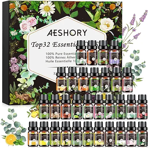 AESHORY Aceites Esenciales para Humidificador TOP 32 X 5ML, 100% Naturales Puro Aceite Esenciales Aromaterapia para Difusor de Aroma, SPA, Masajes, Cuidado de la Piel y Cabello, Bricolaje Casero  