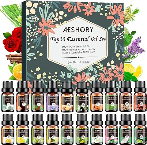AESHORY Set de Aceites Esenciales para Humidificador 20 X 5ML, 100% Naturales Aromaterapia Aceite Esencial para Difusor Aroma, SPA, Masajes - Lavanda, Árbol de Té, Menta, Bergamota, Eucalipto, Clavo  