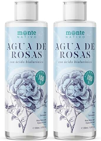 Agua de Rosas pura con Ácido Hialurónico Monte Nativo 2x200ml | Cosmética Natural | Tónico Facial piel Sensible | Desmaquillante Facial | Anti Acné | Cuidado de la piel | Ácido Hialurónico Puro  