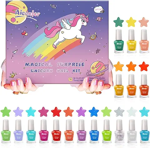 Aieenjor Juego de Esmalte de Uñas para Niños, no Tóxico, a base de Agua, 18 Colores, Secado Rápido, caja de Regalo para Niños a Partir de 3 Años  