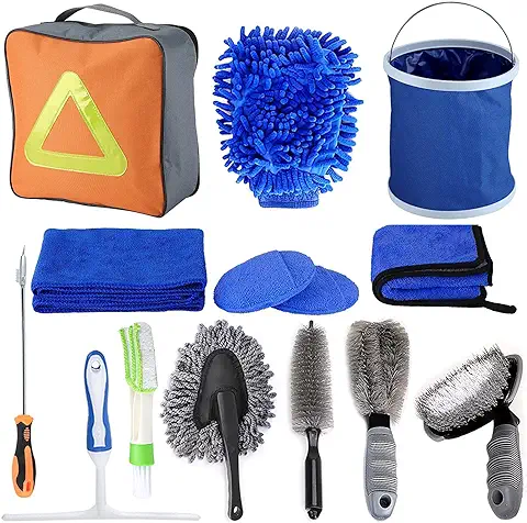 AIKER Kit Limpieza Coche Profesional Interior y Exterior,14PCS Juego Completo Productos Limpieza Coche -Microfibra Paño Limpieza/Cepillo de Ruedas/Guantes/Cera Almohadillas Aplicador/Cubo Plegable  