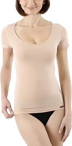 ALBERT KREUZ Camiseta Interior Invisible para Mujer, de Manga Corta y Cuello Redondo Extra-Profundo y Amplio de Algodón Elástico, Color Piel  