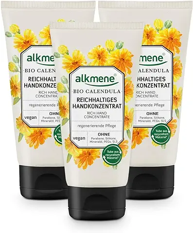 Alkmene Crema de Manos Concentrada en Caléndula Orgánica - Crema para Manos Secas y Agrietadas - Crema Vegana sin Siliconas, Parabenos, Aceite Mineral, PEGs, SLS y SLES (3x 75 ml)  