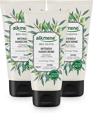 Alkmene Crema Hidratante de Manos con Oliva Orgánica - Crema Reparadora de Manos - Libre de Siliconas, Parabenos y PEGs, SLS y SLES - Cuidado de la piel (3x 75 ml)  