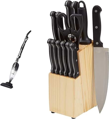 Amazon Basics – Aspirador Vertical con Cable 2 en 1, Motor Eco, Filtro HEPA, Barra Ligera (UE) & Juego de Cuchillos de Cocina y Soporte (14 Piezas)  