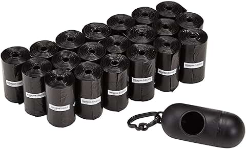 Amazon Basics - Bolsas para Excrementos de Perro con Dispensador y clip para Correa, Sin Fragancia, 300 Unidad, 15 Paquetes de 20  