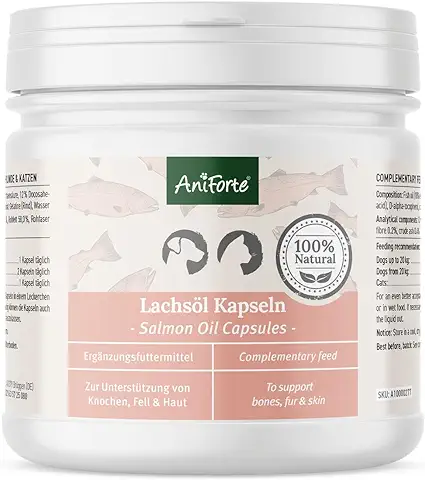 AniForte Cápsulas de Aceite de salmón para Perros y Gatos 500 – Son un valioso Aceite de Pescado Omega-3 para el metabolismo y la formación de Huesos, suplemento de Barf, vitaminas