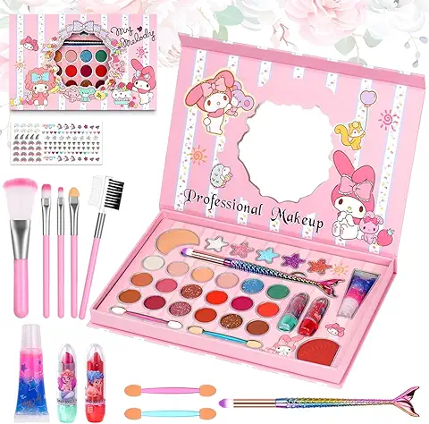 Aomig Set de Maquillaje para Niño, 7pcs Kit de Maquillaje para Niñas Lavable, Juego de Maquillaje para Niño Seguro y No Tóxico, Set de Maquillaje Niñas para Navidad Regalo  