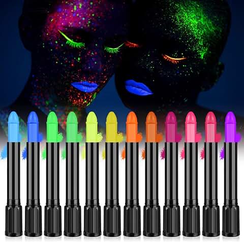 AOOWU Pintura De Cara De Neón Brillante UV, 12 Ceras Fluorescente De Color De La Cara, Lavable No Tóxico Cera Lápiz UV Neón Para Rostro y Cuerpo, Para Halloween, Mardi Gras, Fiesta De Disfraces  