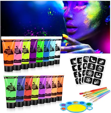 AOOWU Pintura Fluorescente en la Oscuridad, 16 Colores Pintura Cara Niños Hipoalergenica con 6 Pinceles y Paleta, Neon Pintura Facial y Corporal Seguridad, Maquillaje para Niñas Halloween Festival  