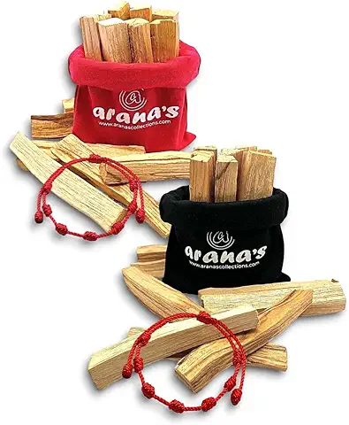 Arana's - Palo Santo de Perú Original - 2 Sacos Rojo y Negro de 40gr Cada uno + 2 Pulseras de 7 Nudos Contra el Mal de Ojo - Madera Sagrada 100% Natural - Palo Santo para Quemar (2 Sacos)  