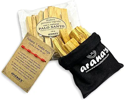 Arana's - Palo Santo para Quemar - Pack 100 gr. + Pulsera 7 Nudos roja - Madera Sagrada 100% Natural de Perú - Aleja Energías Negativas para Atraer las Positivas - Amuletos de la Suerte (100 gr)  