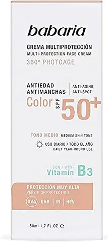 Babaria - Crema Facial de Día con Color, Multiprotección 360º Photoage, Antiedad y Antimanchas, SPF50+ UVA-UVB e Infrarrojos, con Vitamina B3, Tono Medio, Vegano, Unisex - 50 ml  