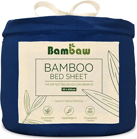 Bambaw – Sábana Bajera 90x200 cm, Ropa de Cama de Bambú, Sábanas Hipoalergénicas, Transpirables, Suaves y Ecológicas, Sabanas Antiacaros – Azul Marino  