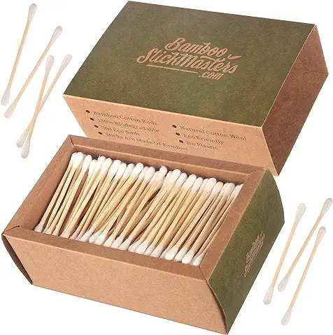 Bamboo Stick Masters,300 Brotes de Algodón de Bambú,100% Ecológicos Firendly Q,Almohadillas de Limpieza de Oídos de Madera Natural,Embalaje Respetuoso con el Medio Ambiente,Libro Electrónico Gratuito  