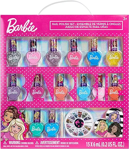 Barbie Movie Juego de maquillaje de esmalte de uñas a base de agua para niños, 18 piezas, incluye esmalte de uñas con gemas y lima de uñas para fiestas de pijamas y cambios de imagen, Townley Girl