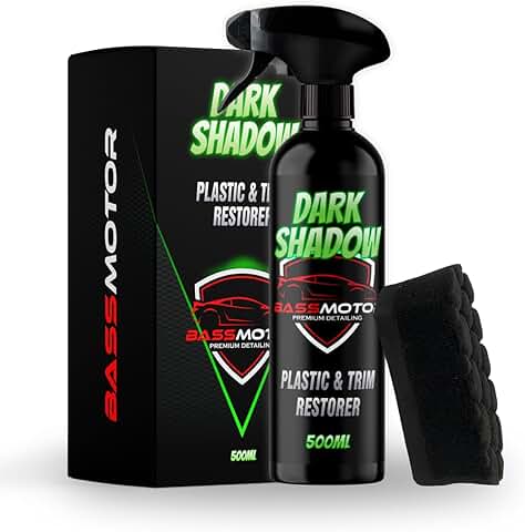 Bass Motor - Abrillantador Hidratador de Plástico y Neumáticos Coche Moto Restaurador Gomas Viejas Recupera Brillo Interior y Exterior para Lavado en Casa - Dark Shadow, 500ml + Esponja Premium  