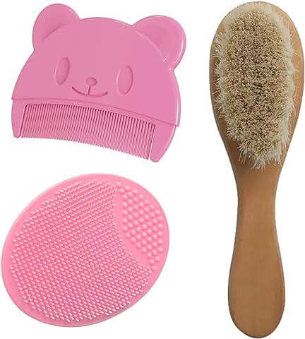 BDSHUNBF 3 PCS Cepillo de Pelo de Bebé, Conjunto de Peine, Set de Cepillo y Peine para Bebé, Cepillo con Cerdas Suaves Naturales de Cabra, Cepillo de Silicona para Recién Nacidos  