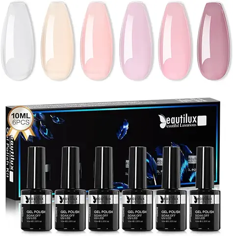 Beautilux Kit de Esmalte de Uñas en gel de 10ml, 6 Colores Desnudos, capa Base, Juego de Esmalte de Uñas Remojo en gel, Juegos de Esmalte de Uñas para Manicura y Salón de Uñas de Bricolaje  