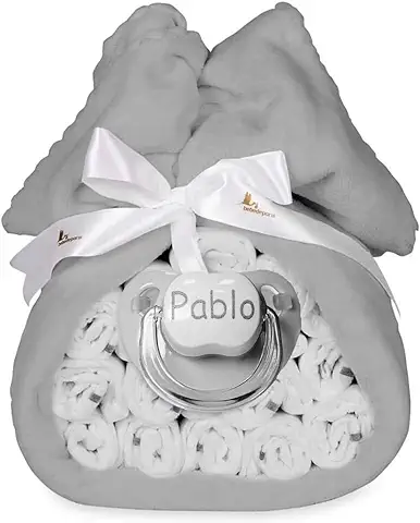BebeDeParis Tarta de Pañales Unisex para Recién Nacido con Manta Bordada con Nombre + 15 Pañales Moltex Premium, Ecológicos: Talla 2 (3-6 Meses) + Chupete Personalizado con Nombre.  