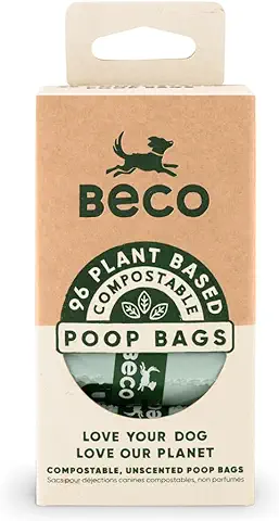 Beco Bolsas Compostables para Excrementos para el Hogar | 96 Bolsas | Embalaje Suelto con asas | Bolsas para Excrementos de Perro sin Perfume, Verde  