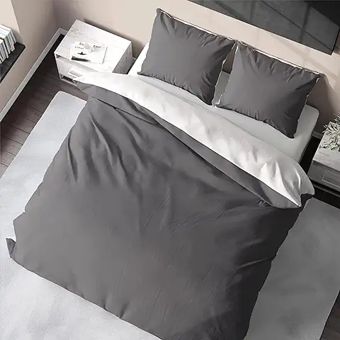 Bedtime Juego de Ropa de Cama de Bambú con 2 Fundas de Almohada, Bicolor, Suave y Reversible, 200 x 200 y 80 x 80 cm, Antracita/Blanco  