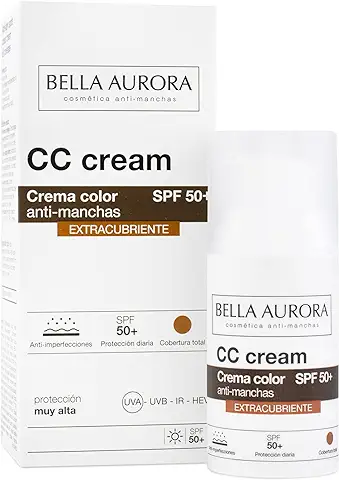 BELLA AURORA - CC Cream Antimanchas Extracubriente SPF50+ 30 ml, Protector Solar Antimanchas, Crema Color Antimanchas, para Hiperpigmentaciones y Unificar el Tono, Crema Solar Facial, Cobertura Óptima  