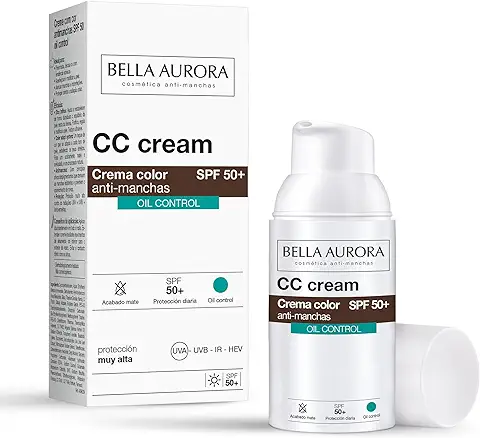 BELLA AURORA - CC Cream Antimanchas Oil Control SPF50+ 30 ml, Protector Solar Antimanchas, Crema Color Antimanchas, para Pieles con Brillo o Mixtas-Grasas, Crema Solar Facial, Textura Ultraligera  