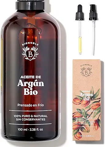 Bionoble Aceite de Argán Orgánico 100ml - 100% Puro, Natural y Prensado en Frío - Rostro, Cuerpo, Cabello, Barba, Uñas - Vegano, Cruelty Free - Botella de Vidrio + Pipeta + Bomba  