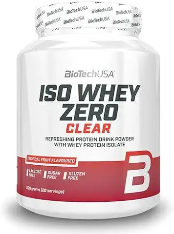 BioTechUSA Iso Whey Zero Clear Bebida en Polvo, Refrescante, Sin Azúcar, Sin Lactosa, Sin Gluten, 5 Sabores Frutales, 88 Kcal, 21g Proteína, BCAAs, 500 g, Frutas Tropicales  