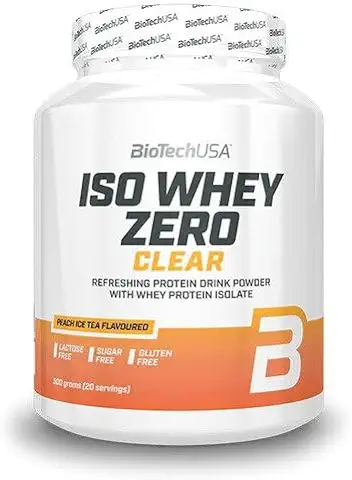 BioTechUSA Iso Whey Zero Clear Bebida en Polvo, Refrescante, Sin Azúcar, Sin Lactosa, Sin Gluten, 5 Sabores Frutales, 88 Kcal, 21g Proteína, BCAAs, 500 g, Té Helado de Melocotón  