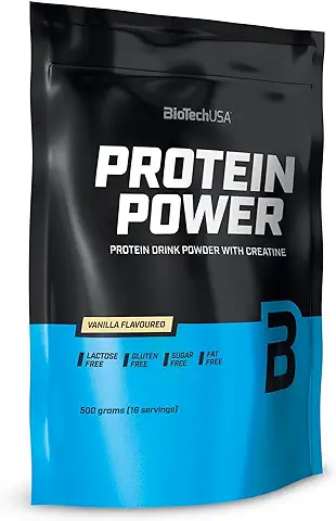 BioTechUSA Protein Power - Alto Contenido en Proteínas, Sin Azúcar, Sin Lactosa, Sin Gluten | Con Creatina Añadida, 500 g, Vainilla  