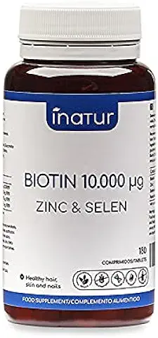 Biotina 10.000 μg + Zinc + Selenio – 180 Comprimidos | Inatur | Vitaminas para el Crecimiento del Cabello, Uñas y piel | Suministro 6 Meses | Vegana | Sin Lactosa | Sin Aditivos  