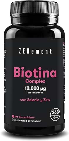 Biotina 10.000 mcg Alta Dosis, con Zinc y Selenio | 365 Comprimidos Veganos (Suministro para 1 año) | Potente para Crecimiento del Cabello, Vitaminas para mantener Cabello, Piel, Uñas Sanas | Zenement