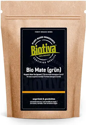 Biotiva Infusión de mate Orgánica 250g - Infusión de mate Verde sin Tostar - Hojas de Hierba mate con Cafeína - Cultivo Orgánico - Empacada y Verificada en Alemania  