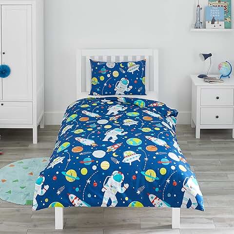 Bloomsbury Mill - Juego de Funda Nórdica Reversible para Niños y Niñas –Espacio Exterior, Cohetes y Planetas- Juego de Edredón Individual y Almohadas para Cama Infantil - 135 x 200 cm - Azul  