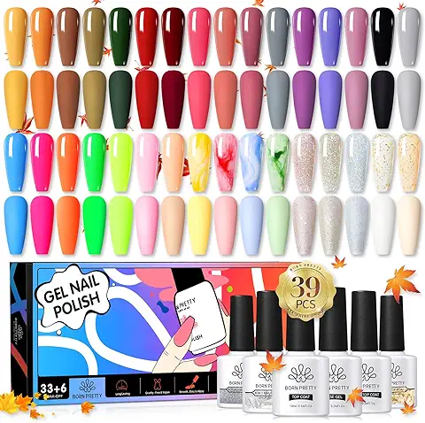 BORN PRETTY Esmalte Semipermanente Pintauñas Semipermanentes Marrón Nude Rojo Brillantina con Base Top Coat Mate Builder Extension Gel Manicura 33+6PCS UV LED Uñas de Gel Esmaltes Set  
