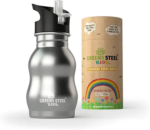 Botella de Acero Inoxidable para Niños - 350ml, Acero I Tapa Mejorada Contra Fugas con Pajita y Asa I Botella de Agua para Niños Sorbe Fácil I Botella de Bebida I Ideal para Lonchera o Regalo  