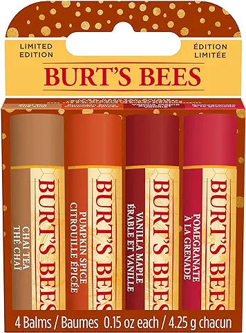 Burt's Bees Set de regalo de, Cera de abejas y vitamina E, 100% de origen natural, Té Chai, Canela y especias para pastel de calabaza, Sirope de arce y vainilla, Granada, 4 x 4,25 g