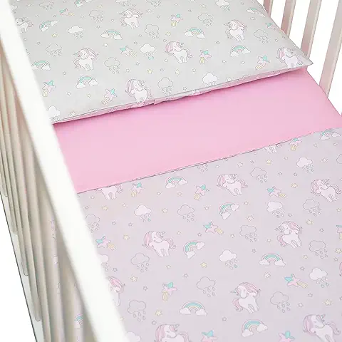 CangooCare© - Juego de Sábanas de 3 Piezas para Cuna, ropa de Cama, 60 x 120 cm, 100% Algodón, Sábana Encimera, Funda Nórdica/saco Doble Cara, Unicornios  