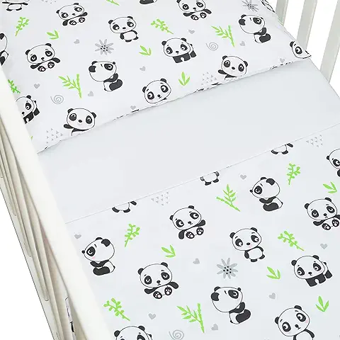 CangooCare© - Juego de Sábanas de 3 Piezas para Cuna, ropa de Cama, 60 x 120 cm, 100% Algodón, Sábana Encimera, Funda Nórdica/saco Doble Cara,Panda  